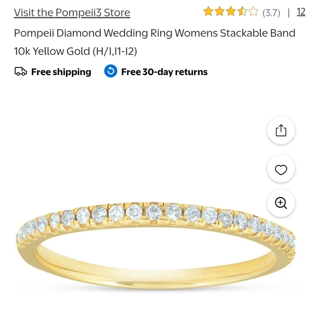 Pompeii Diamond Wedding Ring Womens Stackable Band 10k Yellow Gold (H/I,I1-I2)
